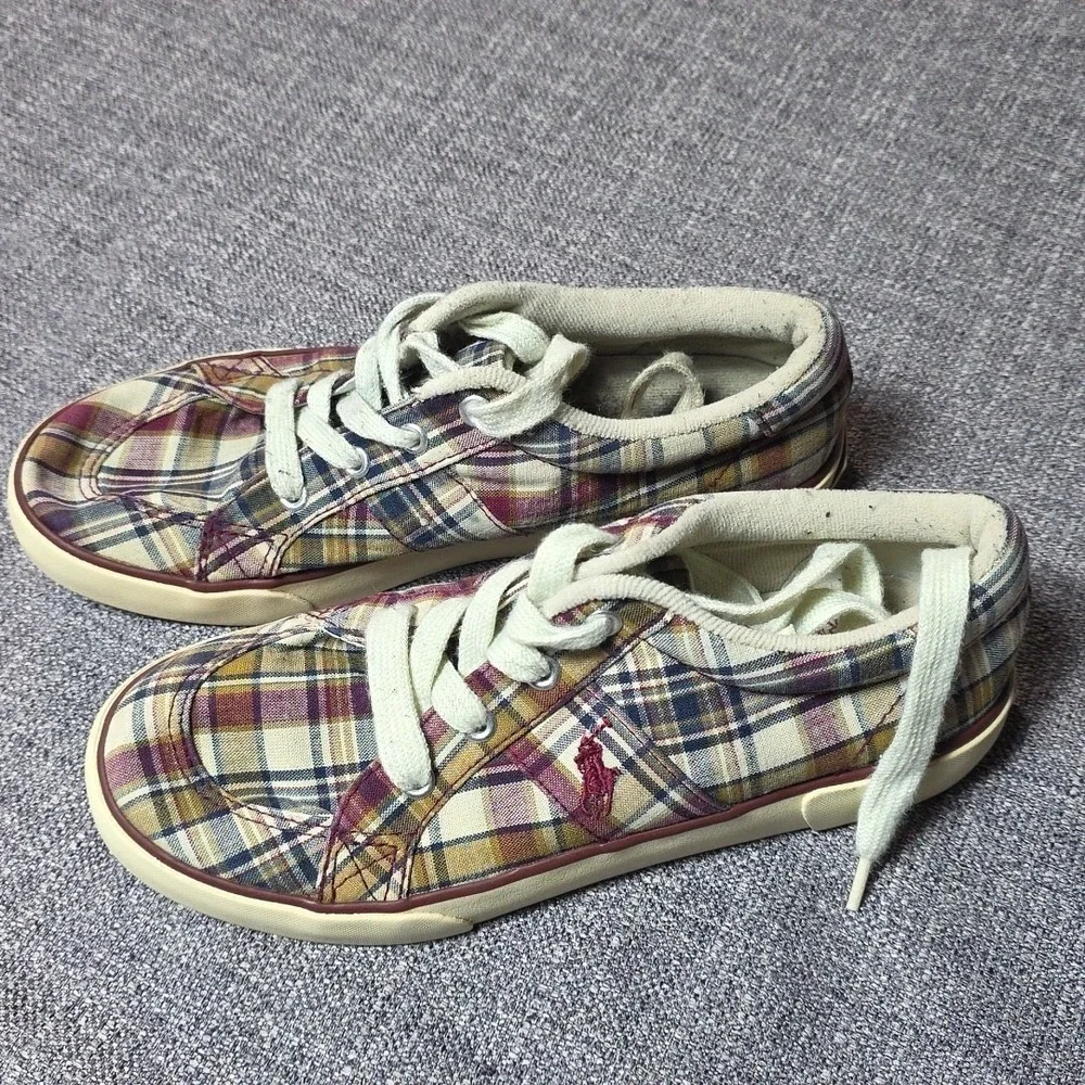 Polo Ralph Lauren Boys Size 3  Shoes Plaid Flat Soles Needs New Laces